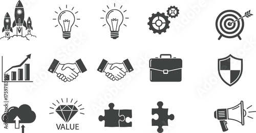 business strategy icons, teamwork, innovation, growth, success, marketing, partnership, technology, leadership, motivation, startup concept, target, communication, solution, progress