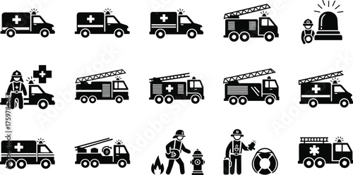 firefighter icons, ambulance, rescue truck, emergency vehicle, fire department, safety, first aid, fire engine, hero, emergency service, equipment, protection