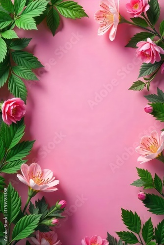 Vibrant pink backdrop with lush green foliage, perfect for springtime or summer themes Ideal for branding, websites, and social media posts needing a fresh, energetic feel , foliage, lush