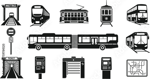 public transport icon set, metro bus tram illustration, city transportation design, urban travel symbol, subway ticket map vector collection