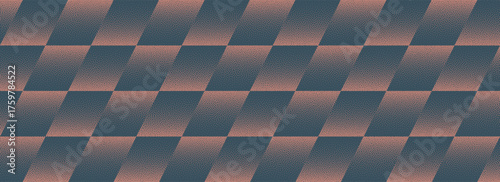 Vector abstract wide panoramic background with brown and blue halftone chevron lines in retro 1960s style. Grainy texture and angled flow create a bold graphical illusion for textiles design backdrop