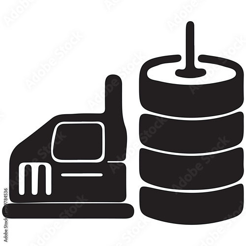 Black and white illustration of a walkietalkie and a stack of tires, isolated on white background, representing communication and transportation