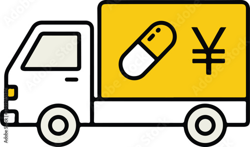 Medical pharmaceutical delivery truck with yen symbol and capsule icon transportation
