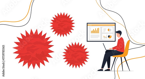 Analyzing market trends amid challenges symbolized by virus-like shapes during online work