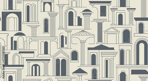 Architectural heritage seamless pattern featuring stylized columns and archways in monochromatic