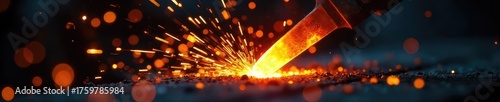 Close-up of glowing hot metal being forged, sparks flying, demonstrating the conversion of kinetic energy into heat , physics, process