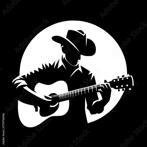 Country Musician: A silhouette of a country musician, donned in a cowboy hat, serenades with his acoustic guitar, his form a bold contrast against a dark backdrop.