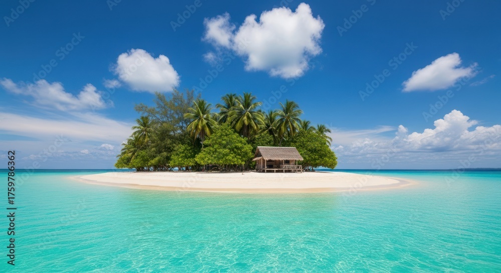 Fototapeta premium Tropical island paradise with a secluded hut. Tranquil, azure w
