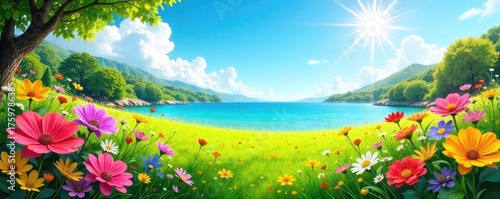 Vibrant summer scene bursting with colorful flowers, lush greenery, and a bright sunny sky  Perfect for summer themes, travel brochures, or nature-related projects , field, summer