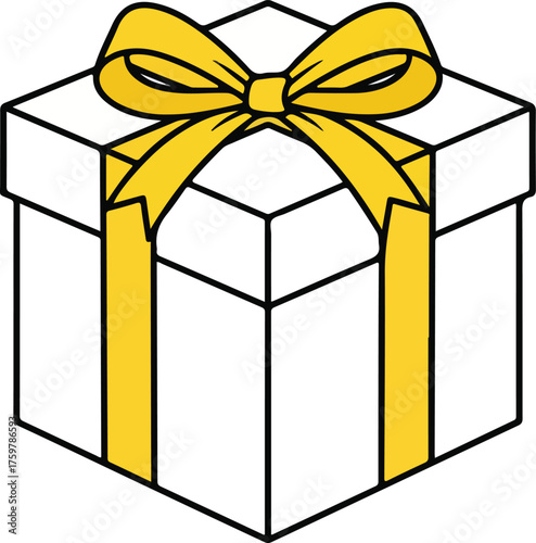 Festive white gift box with a bright yellow ribbon bow and stripes for celebrations