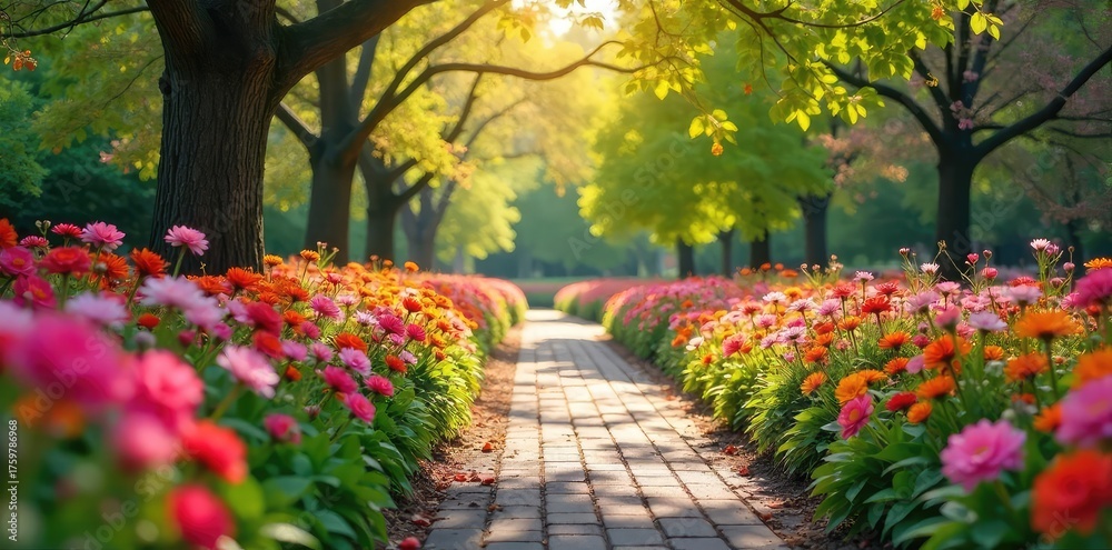Naklejka premium Vibrant flowerbeds bursting with color adorn a picturesque park path, creating a cheerful and inviting atmosphere Perfect for springtime, nature, and outdoor living imagery , green, environment