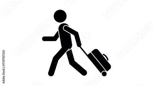 Stick figure traveler with rolling suitcase on white background