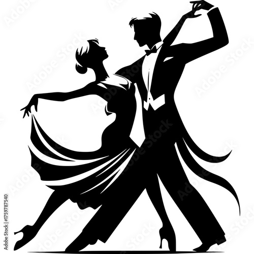 Elegant Dance Silhouette: A poised couple glides across an imaginary ballroom floor, their graceful forms merging in a dance of passionate rhythm and intricate steps. Capture the artistry of movement.