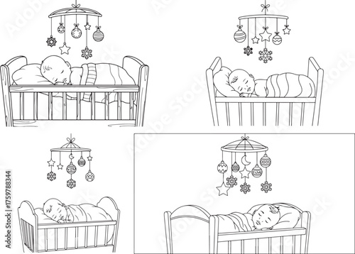 Sleeping infant in crib with festive mobile baby ornaments