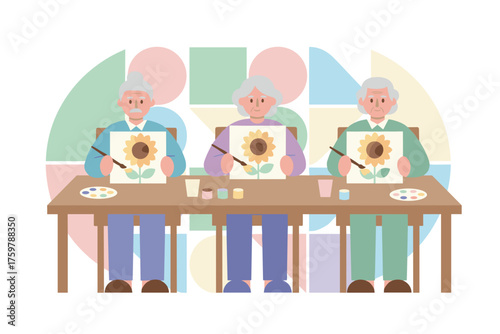 Seniors painting sunflowers enjoying a creative and relaxing hobby Ideal for senior care leisure wellbeing