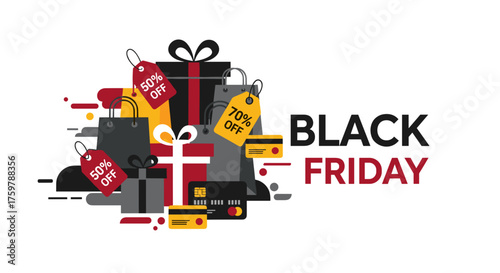 Black Friday graphic shopping bags gifts credit cards and discount tags Retail sale concept