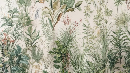 Elegant Hand Drawn Tropical Plants and Leaves Wallpaper Pattern.