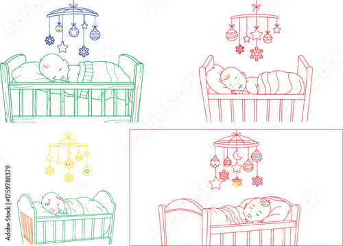 Sleeping infant with colorful decorations baby crib