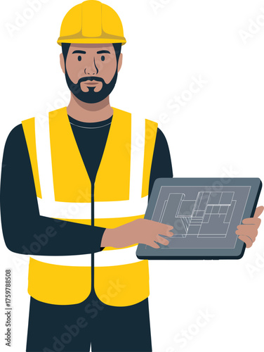 Construction worker with tablet examining building plan and wearing safety gear