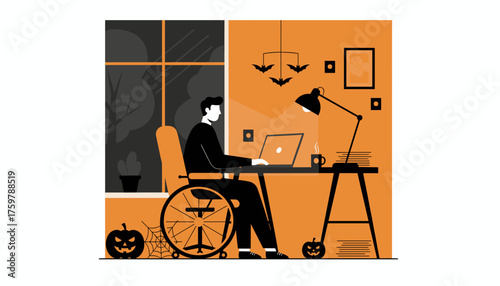 Man in wheelchair works on laptop in a cozy Halloweenthemed home office Remote work concept