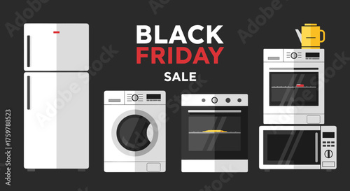 Black Friday appliance sale banner featuring fridge washer oven and microwave