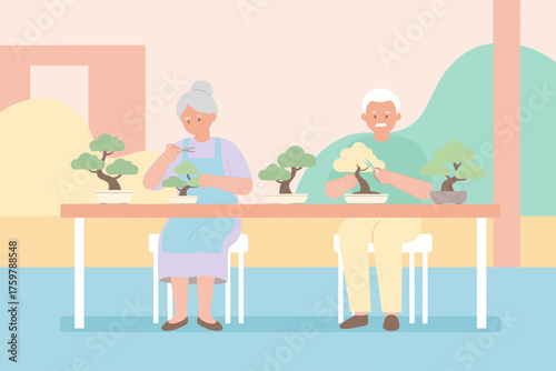 Senior couple enjoying their hobby meticulously pruning bonsai trees at home promoting calm lifestyle