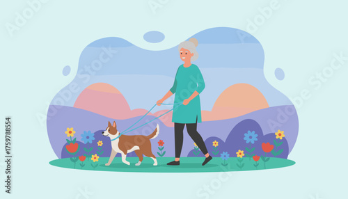 Happy senior woman walking her dog in a vibrant park with colorful flowers promoting active lifestyle
