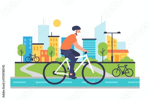 Senior man cycling in city park embracing healthy urban lifestyle and sustainable transport