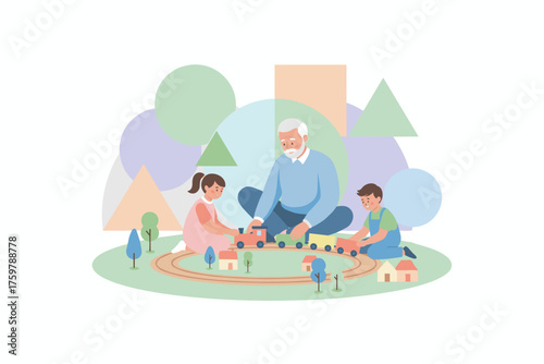 Grandfather and grandchildren joyfully play with a toy train set showing family bonding