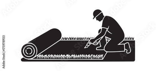 Minimalist black-and-white illustration of worker kneeling and cutting artificial grass roll on lawn. Perfect for landscaping, garden design,artificial grass, installation, lawn, landscaping, garden, 