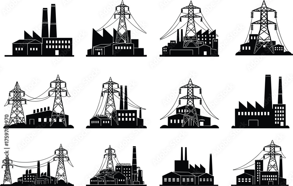Fototapeta premium Industrial Factory and Transmission Tower Silhouettes – Energy Infrastructure, Power Plant Vector, Electricity Grid, Urban Engineering Scene for Adobe Stock Content