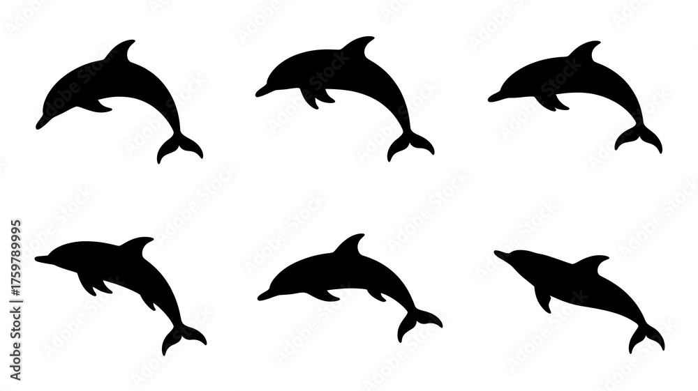 Fototapeta Six playful dolphin silhouettes leaping and swimming in fluid motion against a white background.