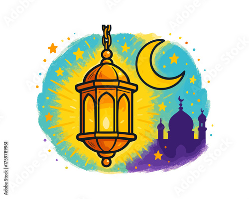 Colorful lantern with mosque silhouette and crescent moon for ramadan and eid