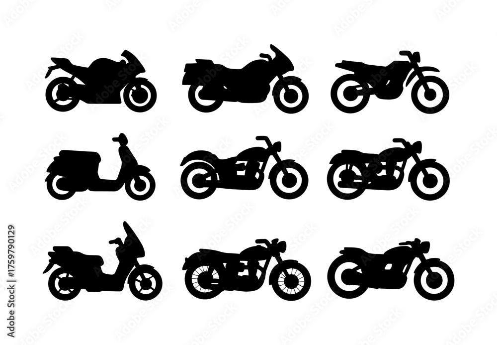 Obraz premium Diverse motorcycle silhouettes set in black on white background