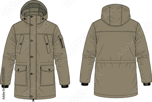 Winter parka, technical sketch, hooded coat, garment illustration, fashion design, outerwear, zipper closure, sleeve pocket, storm flap, insulated hood