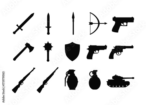 Silhouette weapon collection featuring swords, guns, and military equipment