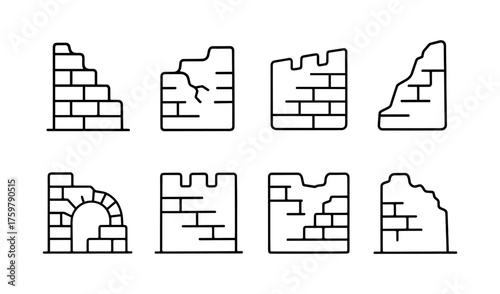 Set of linear ruined wall icons in minimal black design