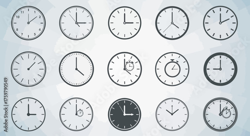 Collection of vector clock designs with various time and style variations on a background