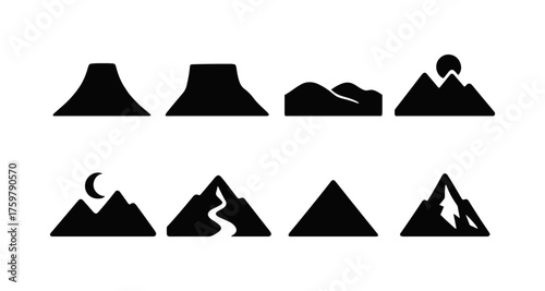 Set of silhouette mountain and volcano icons