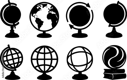 Silhouette globe icons collection: diverse designs for education and geography projects