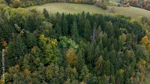 Aerial mountain farms Travna Czechia autumn climb 1. Czech Republic, Czechia historically known as Bohemia. Central Europe. Autumn fall season. Farm rural area landscape. Mountain valley.