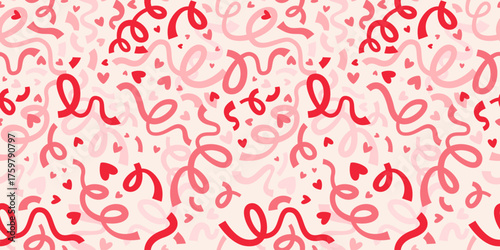 Festive Red and Pink Confetti, Ribbons and Hearts Seamless Pattern