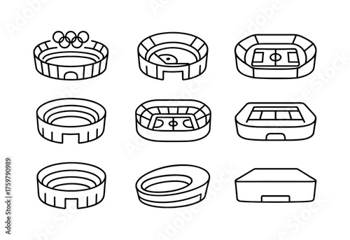 Minimalist linear stadium icons set for sports and architecture