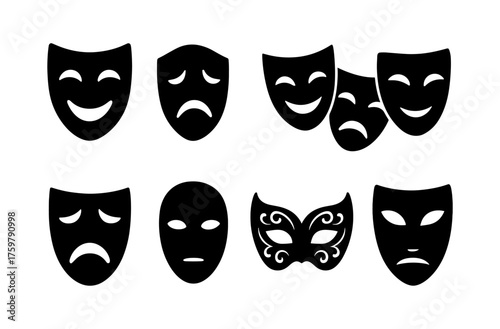 Silhouette theater masks collection with comedy and tragedy expressions