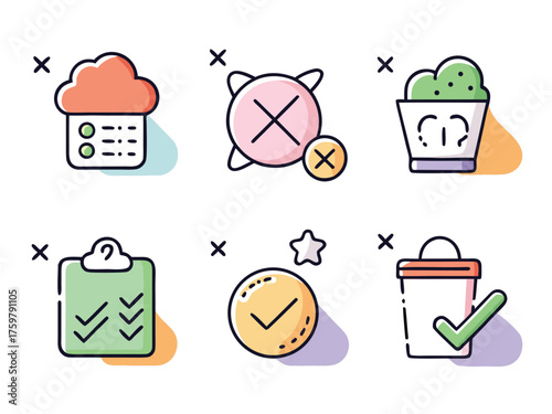 Six Status Icons Show Different States Of Task Completion In A Cartoon Style