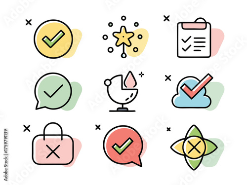 Various Graphical Icons Representing Status And Actions In A Clean Style