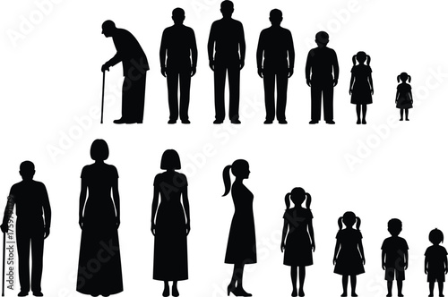 Silhouette illustration of different generations of family people standing in a row, children adults seniors growth stages isolated vector