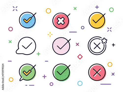 Colorful Check Marks And Crosses Indicate Choice Validity And Selection