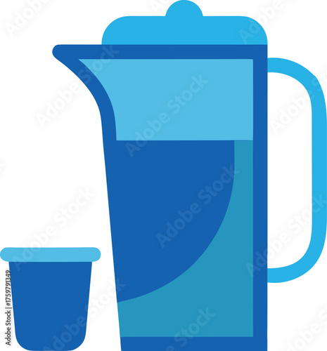 Simple blue illustration of a water pitcher and small drinking glass