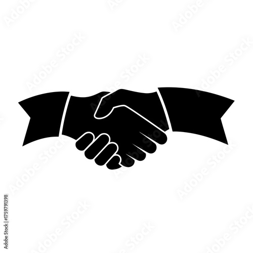 Black and white icon of two hands shaking in agreement